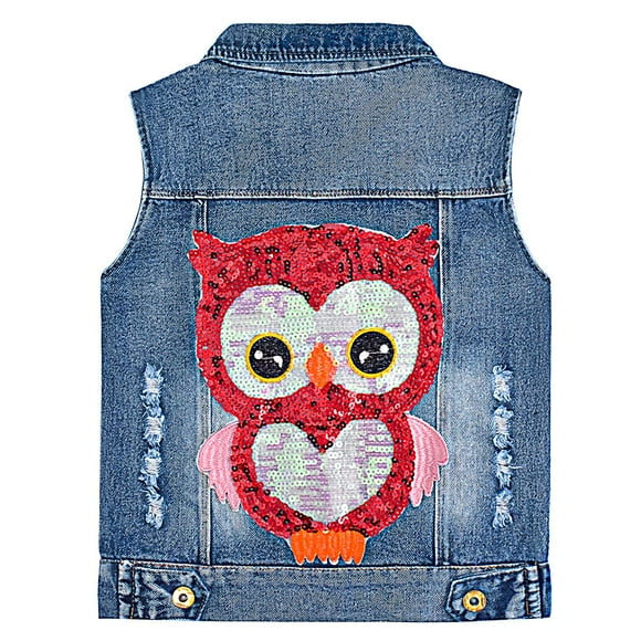 Yao 1-9Y Toddler Girls Denim Sequin Vest Distressed Jean Jacket(Owl,6-7Y)