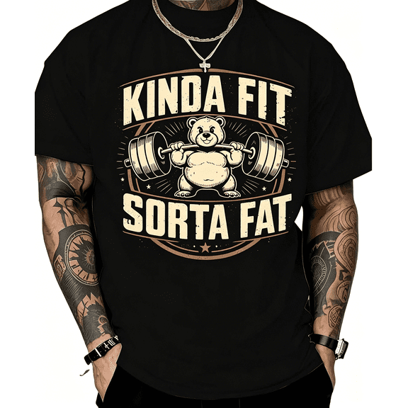 “Kinda Fit Sorta Fat” Funny Bear Weightlifting T-Shirt – Gym Workout Tee for Men, Casual Bodybuilding Graphic Top