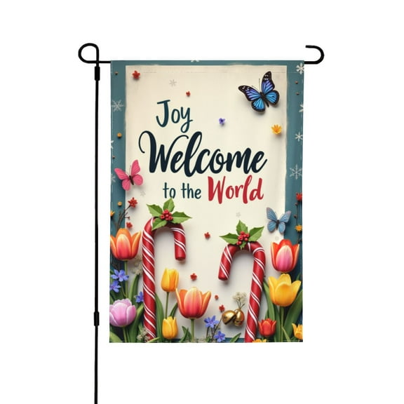 Merry Christmas Trees Garden Flag 12X18 Inch Joy To The World Christmas Card Candy Canes Bells Double Sided Holiday Yard Decoration Outside Outdoor Farmhouse Decoration Home Festival Terrace Gazebo