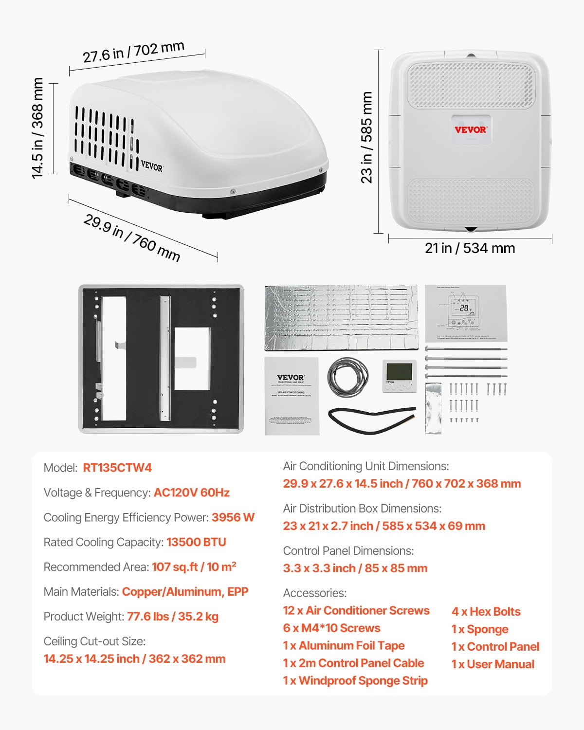 VEVOR RV Air Conditioner, 13500 BTU Non-Ducted Rooftop RV AC Unit, 65 dB Quiet Design, Including Air Distribution Box, Operation Panel and Installation Hardware, for Campers, Vans, Trailers, White