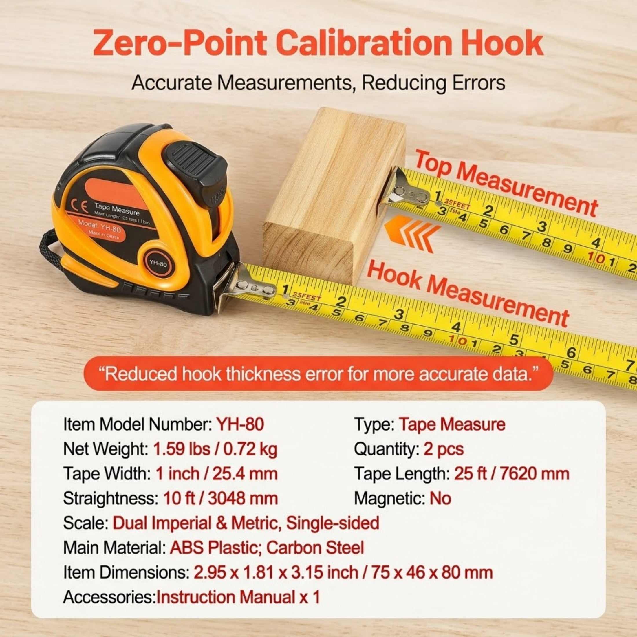 2-Pack 25 ft Tape Measure, Retractable Dual-Scale (Imperial/Metric) Steel Measuring Tape with ABS Case