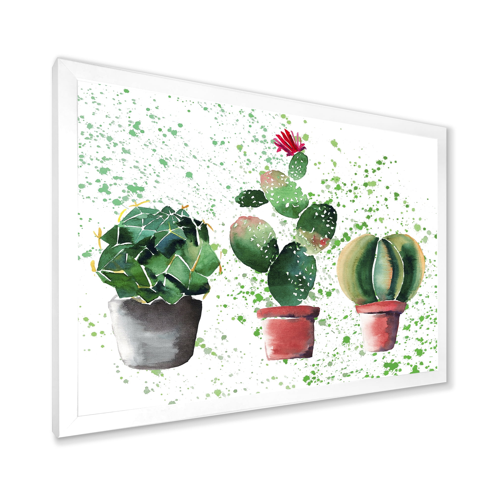 Designart 'Three Cacti In Clay Pots With Green Dots' Traditional Framed Art Print
