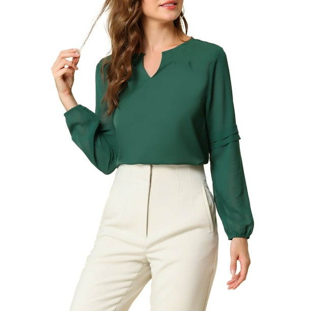 BLUSA DE CHIFFON CHIC INSPIRADA PARA MUJER, ESCOTE EN FORMA DE LLAVE, MANGA PATCHWORK, TOP ELEGANTE PARA TRABAJO XL VERDE OSCURO