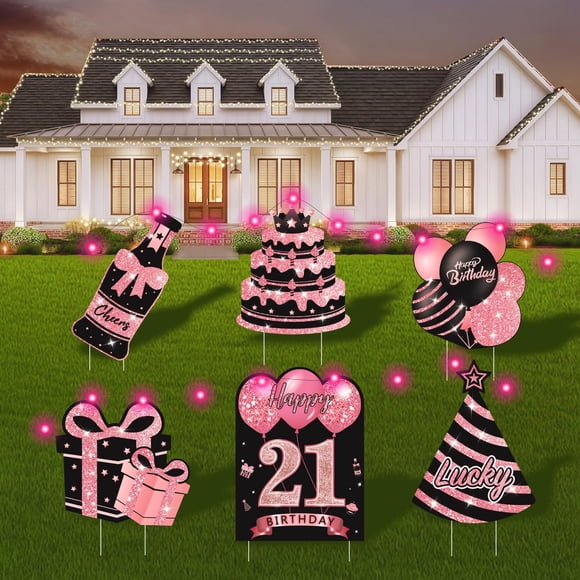 ComboJoy Carteles de Jardín Feliz Cumpleaños Rosa con 6 piezas y Luces LED