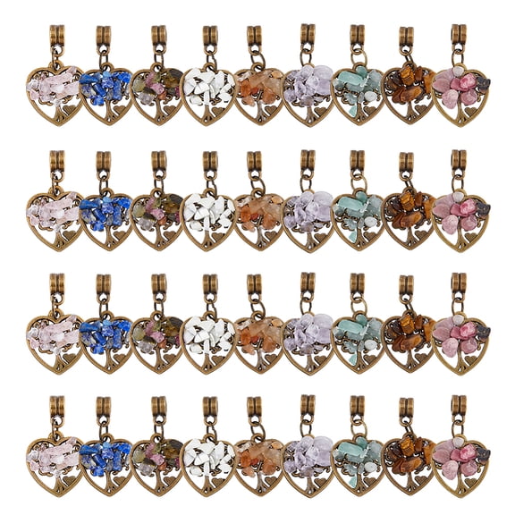 36pcs 9 styles Natural Mixed Gemstone European Dangle Charms Heart Large Hole Pendant with Alloy Findings Antique Bronze 28~29mm Heart: 19mm 4pcs/style