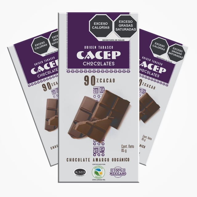 CACEP | Chocolate Orgánico Amargo 90% cacao | 3 Pack barras de 85g c/u | Bajo en azúcar | Sin lácteos | Vegano | Snack Saludable
