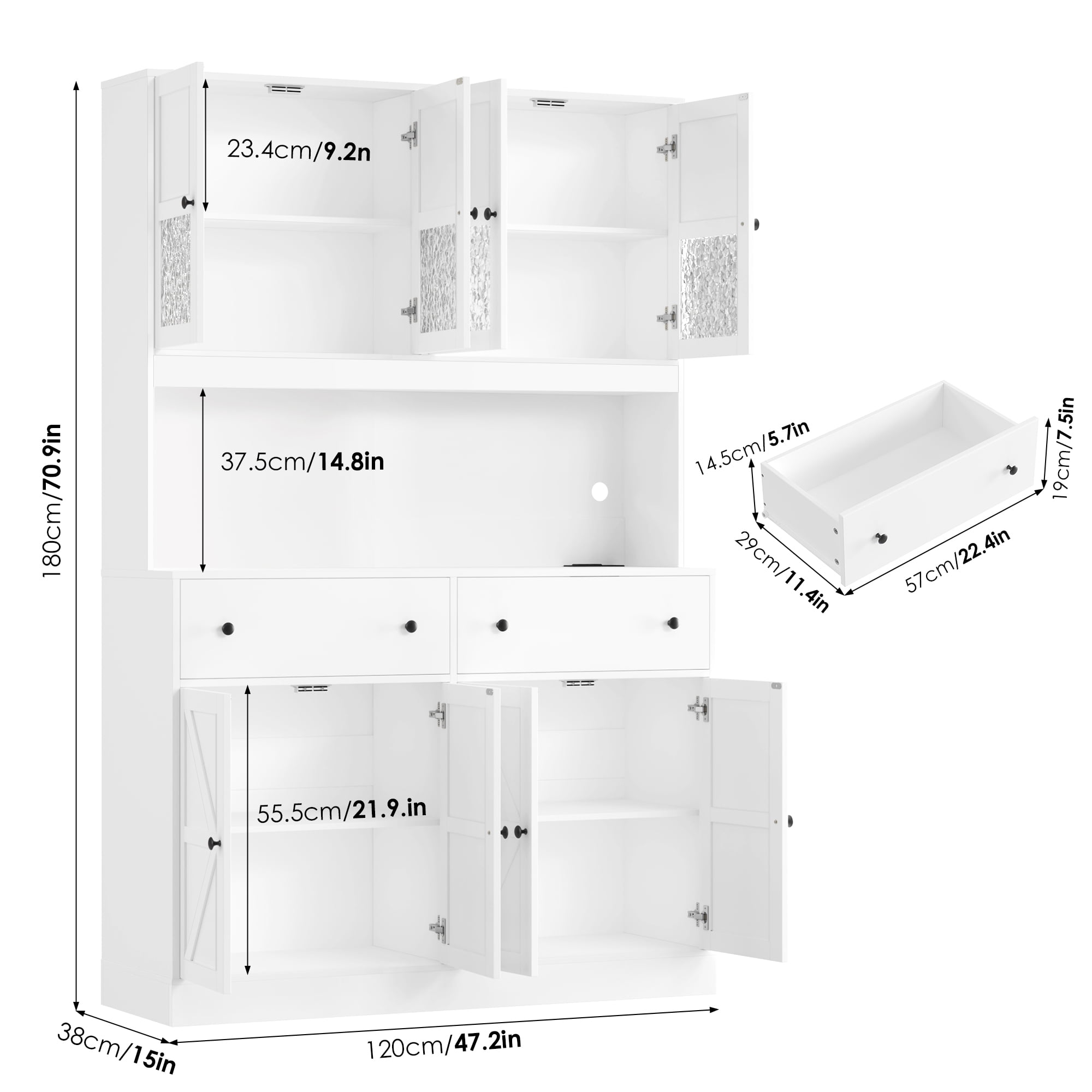 Homfa 71" Tall Kitchen Pantry Cabinet with LED Lights & Charging Station, MDF Freestanding Storage Cupboard with 8 Doors 2 Drawers, Buffet Cabinet with Storage for Dining Living Room, White