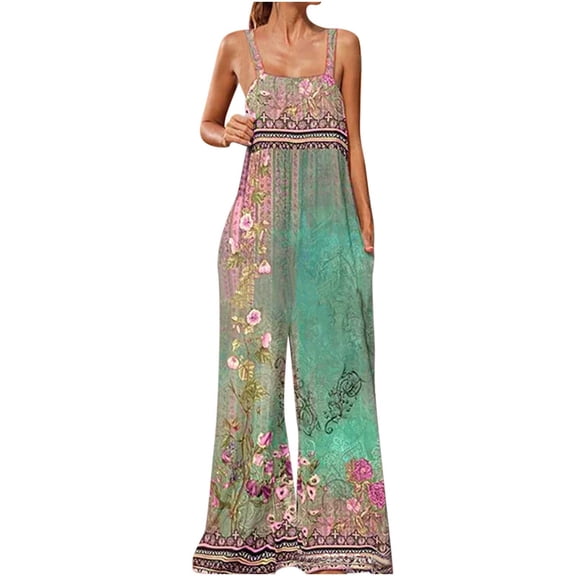 DeHolifer Womens Jumpsuits Casual Loose Summer Boho Wide Leg Rompers Sleeveless Overalls with Pockets Green 3XL