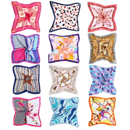 Satin Neck Scarf (Womens Satin Scarf-Womens 12 Mixed Designs 19.7 inch Square Satin Womens Fashionable Neck Head Scarf Scarves Bundle Lot Set)