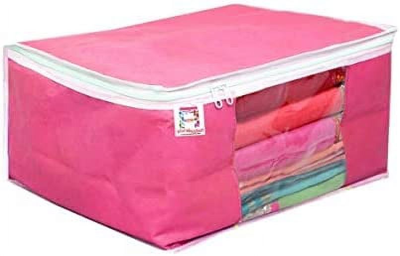 atorakushon Nonwoven Fabric 2 Saree and 2 Blouse Garments Clothing Storage Cover Bag Pouch Wardrobe Organizers with Clear Window view Zip Lock Pink