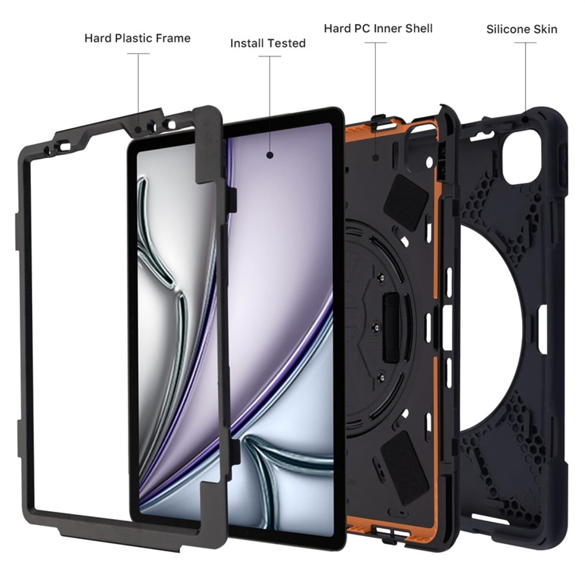 Rugged Case Compatible with iPad Air 13 (2024) / iPad Air 13 (2025) – 360° Rotating Stand & Hand Strap Plus Tempered Glass Screen Protector Search Resistant