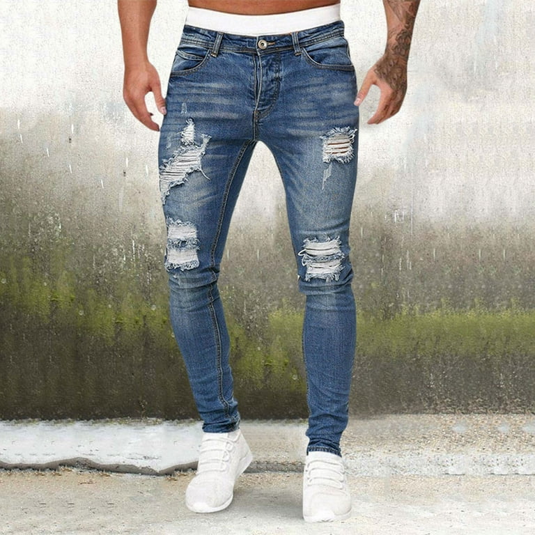 Baocc jeans for men ripped jeans Men's Casual Pant Leg Zipper Stripe  Classic Style High Stretch Tight Hole Small Leg Jeans Light Blue 