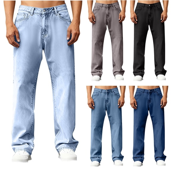 Mens Jeans Relaxed Fit, LONKITO Straigh Leg Denim Pants with Pockets Button Waist Sky Blue Jeans Size XL