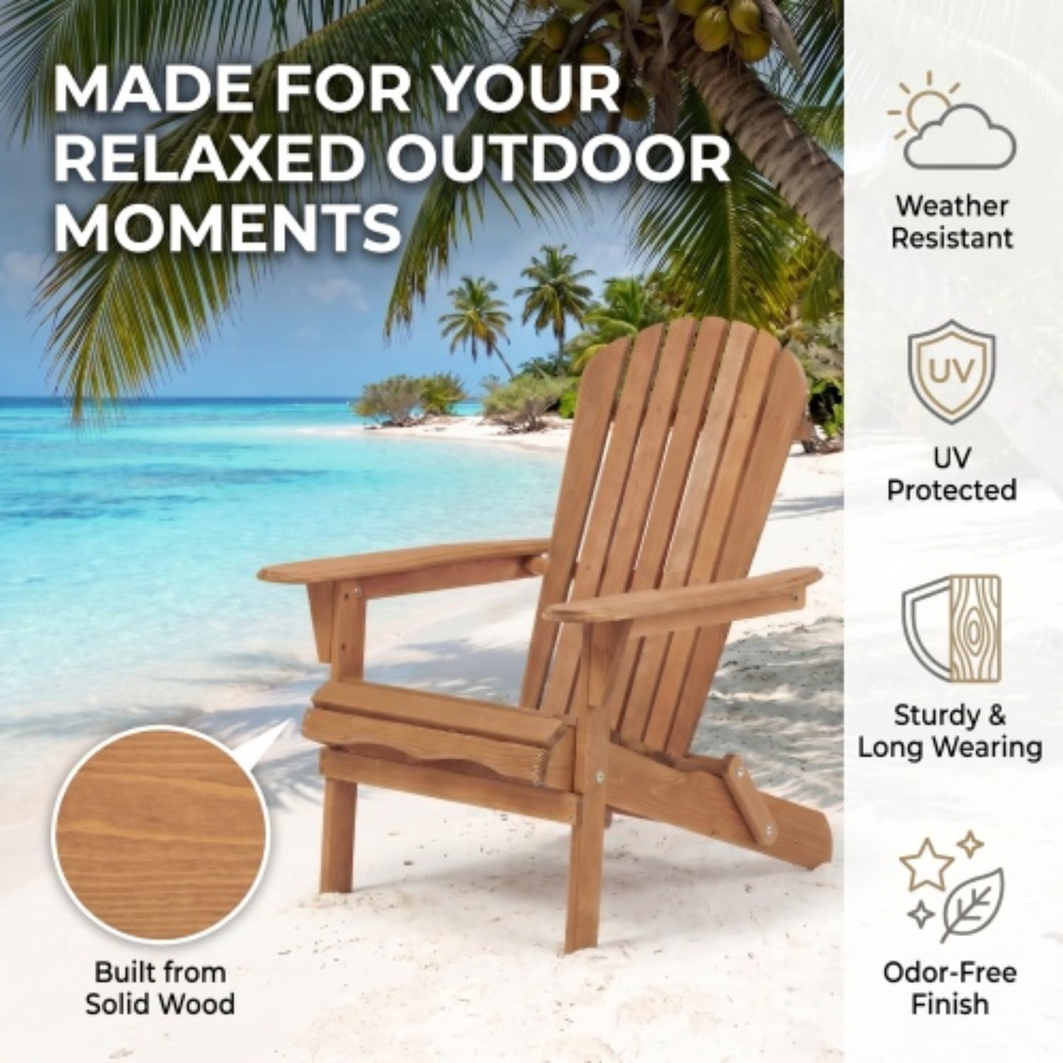 Adirondack Chairs Set of 2, Outdoor Wooden Folding Patio Chairs with Pre-Assembled Backrest, Hemlock Wood Chairs for Garden, Porch, Pool, Deck, Light Brown