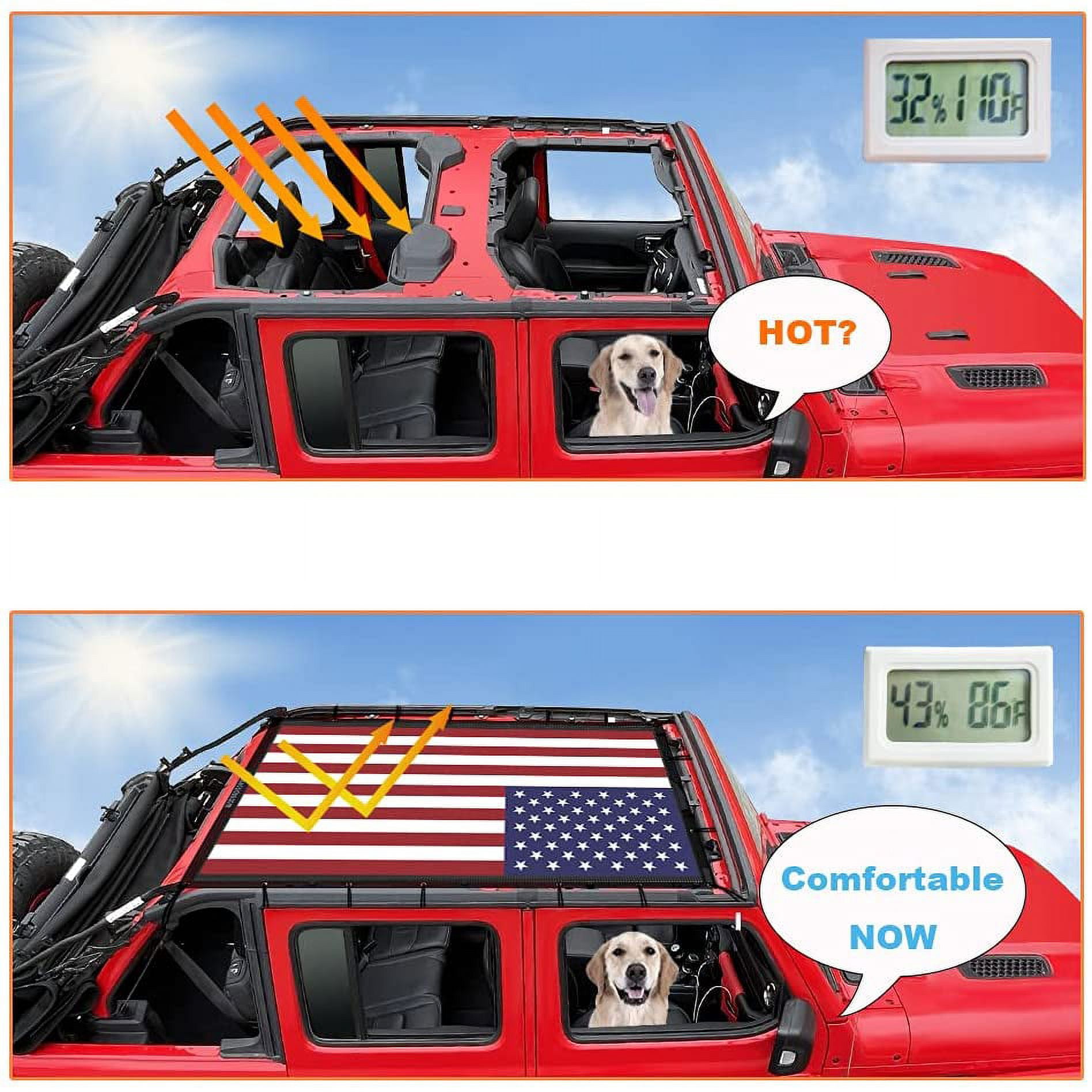 Shadeidea JL Sun Shade compatible with Jeep Wrangler Top Sunshade, JLU Front & Rear -( Black Mesh Screen, NO FADED Flag ) Cover (2018-Current), UV Blocker -10 Years Warranty