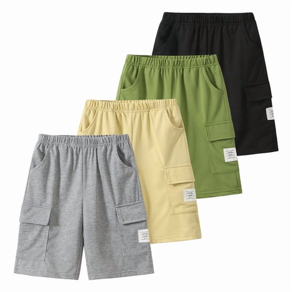 Fdqin Boys Shorts 4 Pcs Summer Cargo Elastic Waist Jogger Sports Athletic Short with Pocket Grey Apricot Black Green 3-4 Years