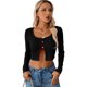 thumbnail image 1 of Suéter tipo cárdigan corto de punto de manga larga con botones en la parte delantera para mujer, blusa informal ajustada de punto sexy con canalé para mujer, 1 of 6