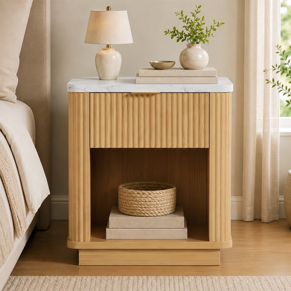 SESSLIFE Fluted Nightstand with Drawer, Faux Marble Top Bedside Table with Open Shelf, Modern End Table for Bedroom, Natural Oak