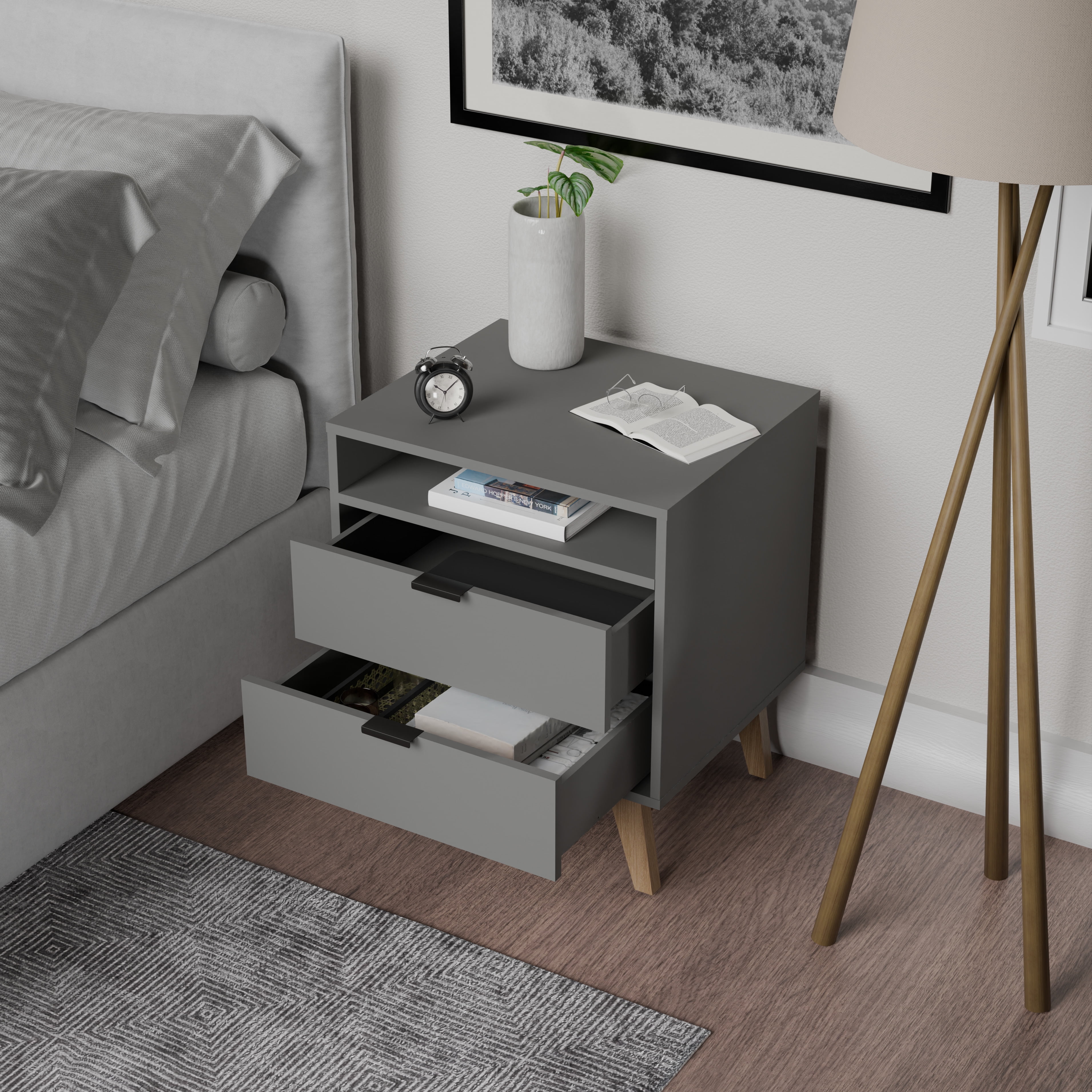Kappesberg Hanford Modern 2-Drawer Nightstand with Niche, 24.4”H x 21.25”W x 17.7”D, Grey - for Adults and Teens