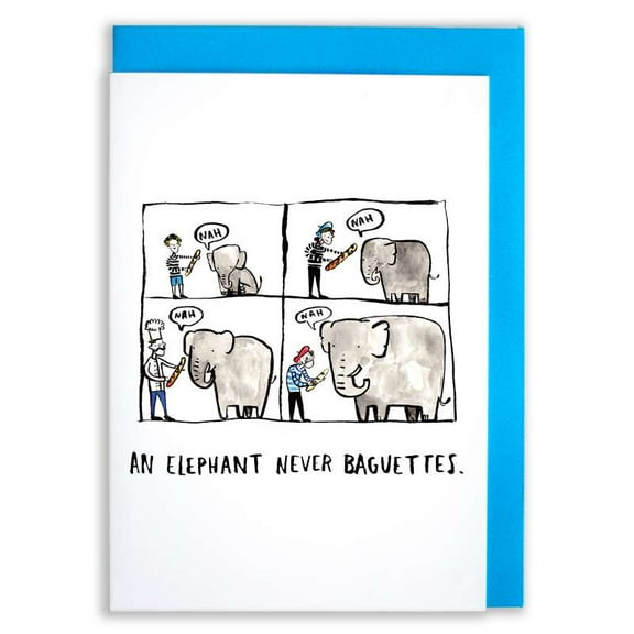 Funny Elephant Card – “An Elephant Never Baguettes” – Humor Greeting Card for Birthdays, Congratulations, or Just Because – Blank Inside with Colorful Envelope