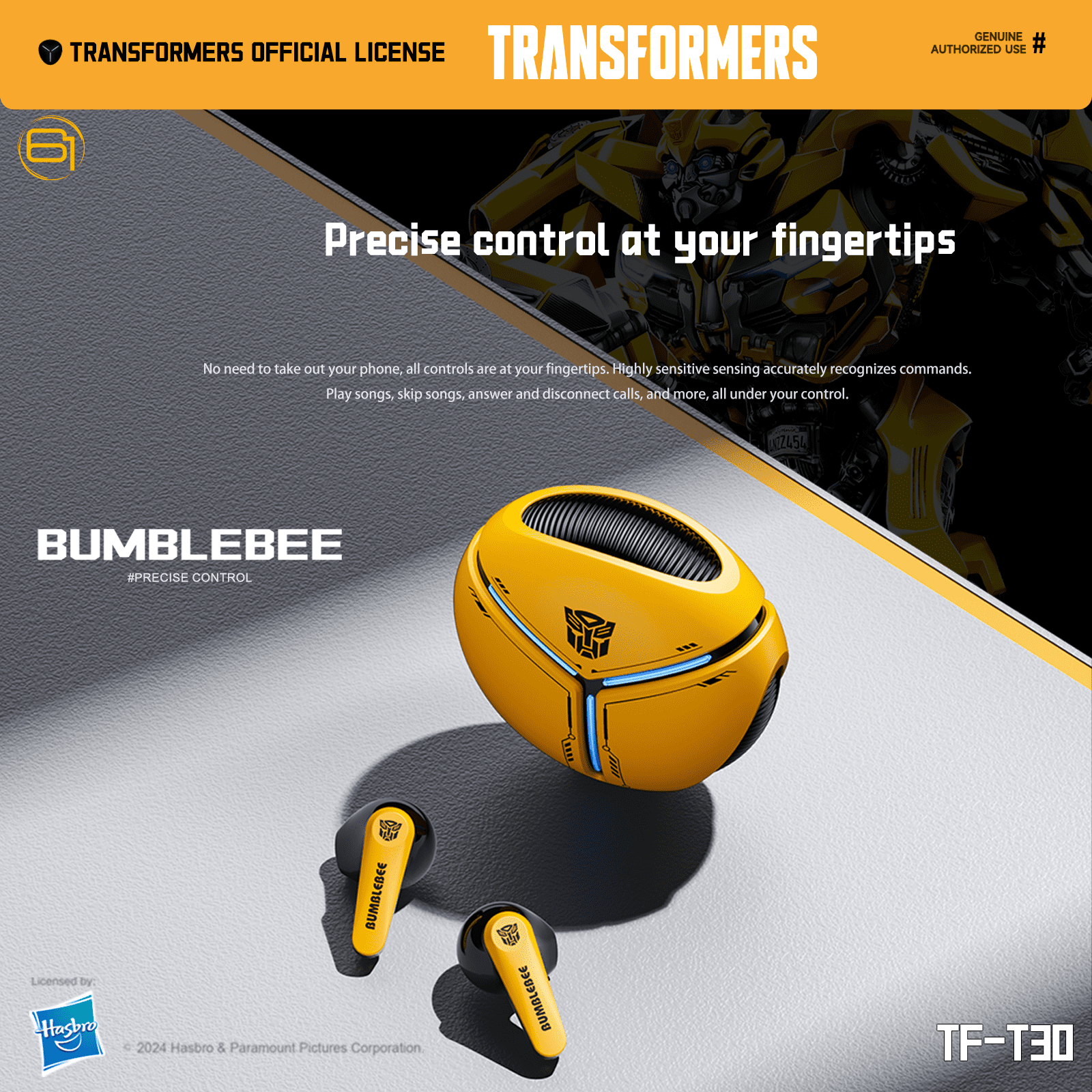 Transformers TF-T30 Bluetooth TWS Wireless Earbuds with Energy Core Design Passive Noise Cancelling Semi-In-Ear Cool HiFi HD Calling Music Game Modes Low Latency Sports Earphones – Yellow Bumblebee