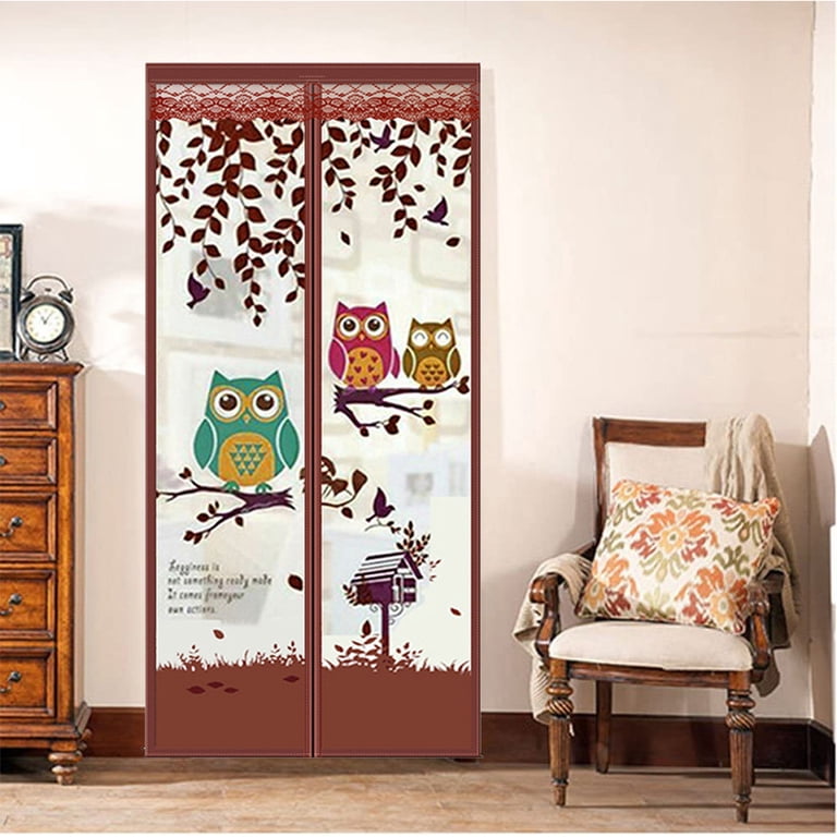 Magnetic Screen Door With Coffee Owl Print - Keep Bugs Out While Letting Breeze In (38x83 Inches)