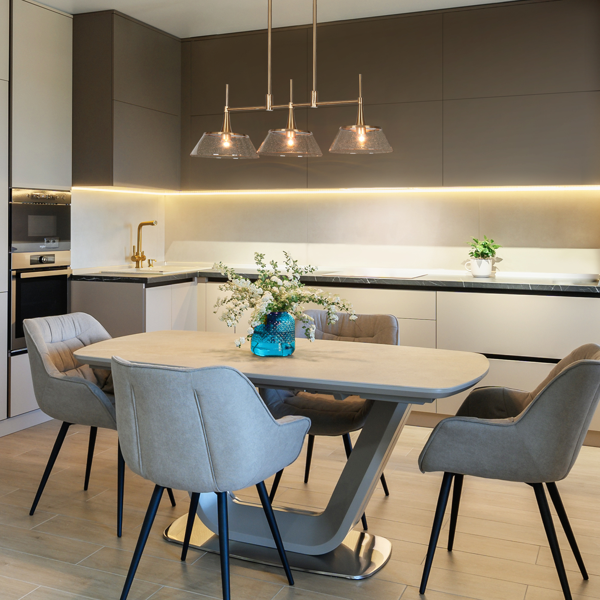 LNC 3-Light Linear Modern Brass E12 Hardwired Kitchen Island Pendant with Seeded Glass Shades