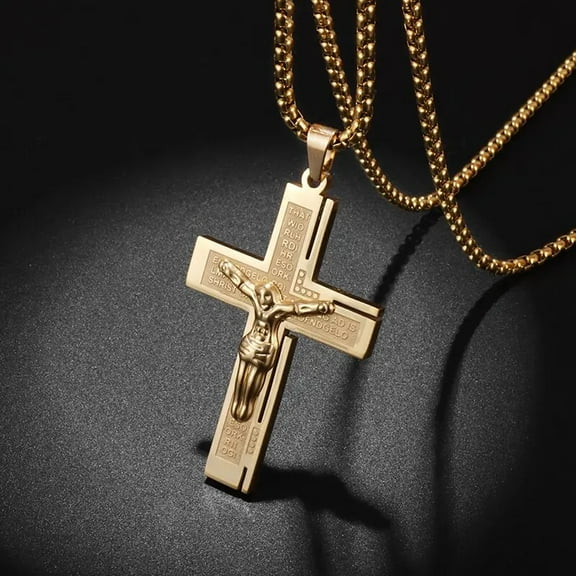 Vintage Jesus Catholic Golden Color Cross Men's Prayer Amulet 14K Yellow Gold Necklace Religious Pendant with Chain Jewelry
