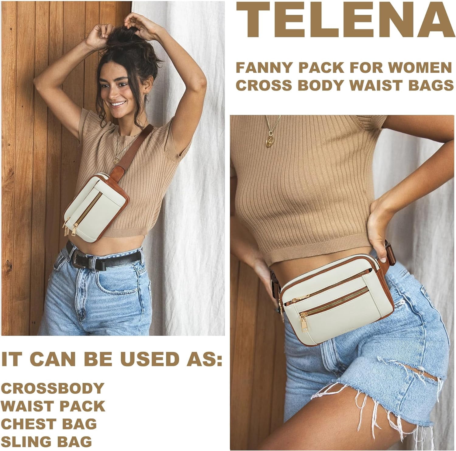 Fanny Packs for Women Cross Body Bag Leather Belt Bag Fashionable Waist Bag with Adjustable Strap Beige Brown