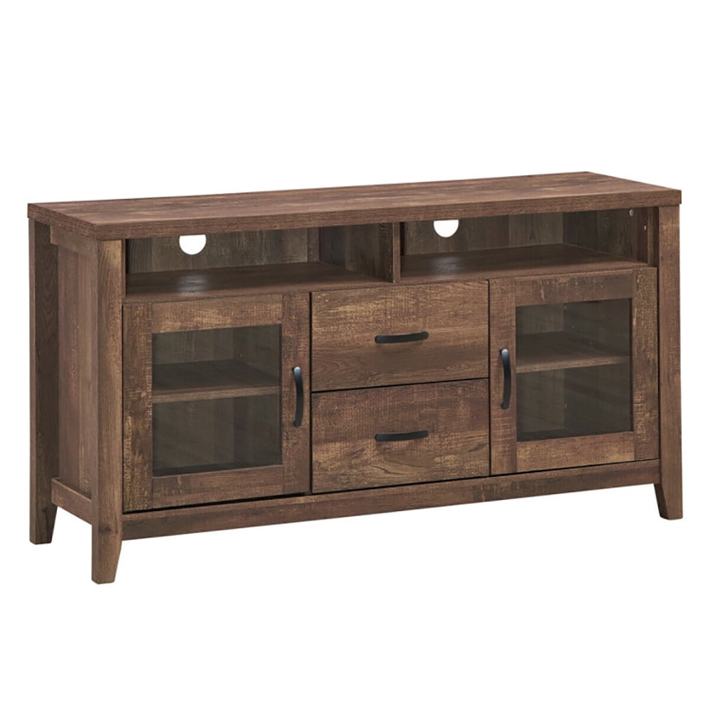 Finihen TV Stand, TV Cabinet, Wooden Retro TV Stand with Drawers and Tempered Glass Doors, Media Entertainment Center with Storage, for Living Room, Bedroom, Brown