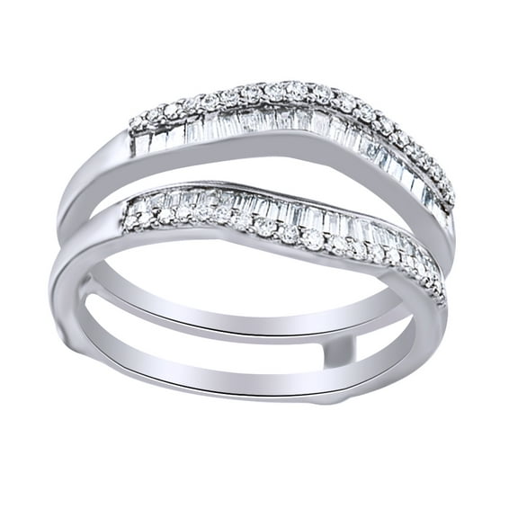 Round & Baguette Cut White Natural Diamond Enhancer Ring Guard In 14K Solid White Gold (0.5 Ct)