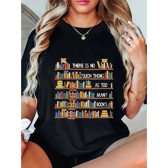 Women'S Casual Crew Neck T-Shirt with Alphabet Book Pattern - High Stretch Cotton Knit Fabric, Short Sleeve, Regular Fit, Spring/Summer/Fall Versatile Tee
