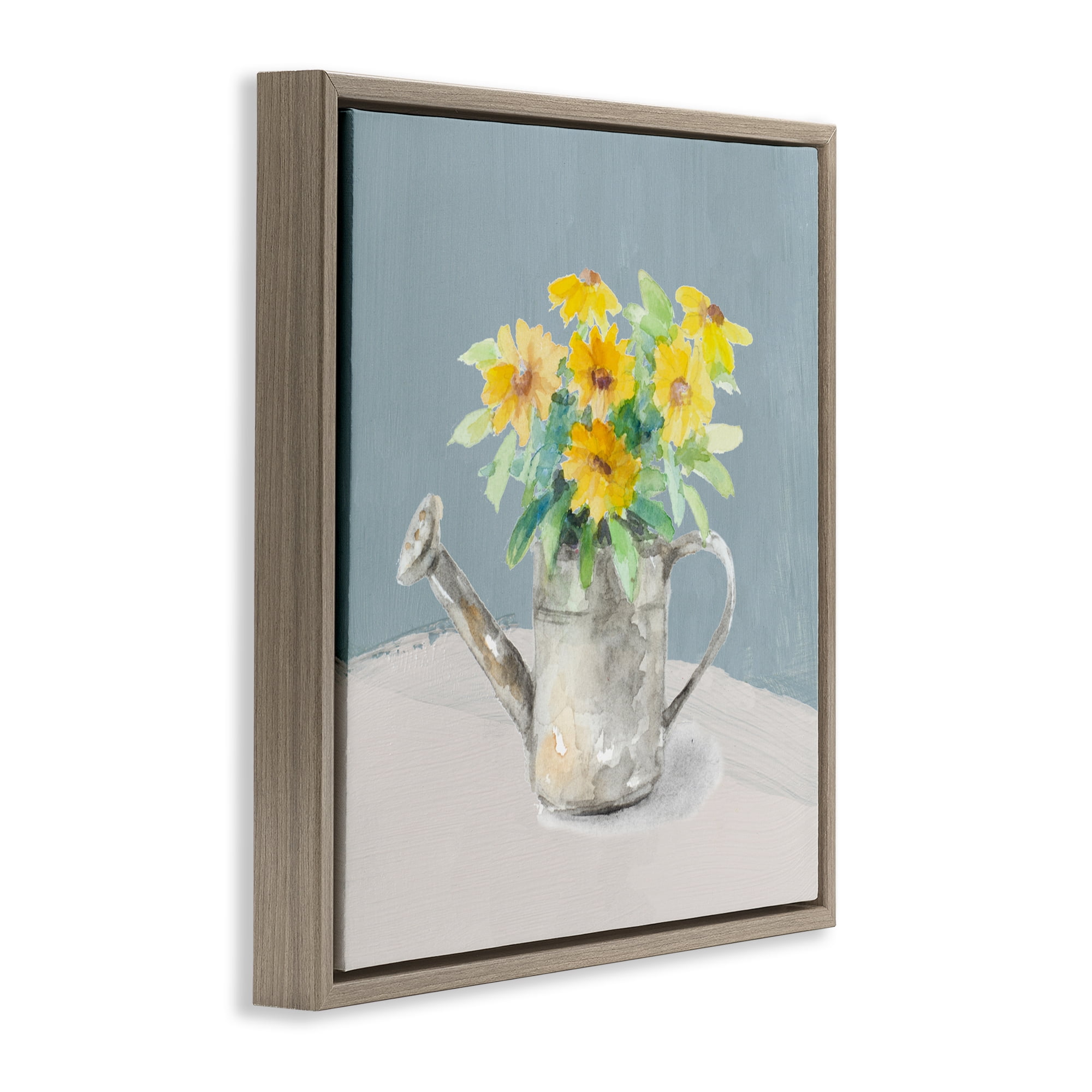 Stupell Industries Daisies in Watering Can Brown Framed Floater Canvas Wall Art, design by Lanie Loreth