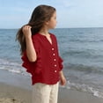 thumbnail image 6 of hoksml Girls Solid Color Soft Ruffle 3/4 Sleeve Blouse, V-Neck Button Down Shirt for Back to School and Everyday Wear, 6 of 8