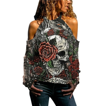 

jsaierl Off the Shoulder Tops for Women Skull Print Halter Neck Shirts Long Sleeve Loose Fit Halloween Sweatshirt Blouse for Teen Girls