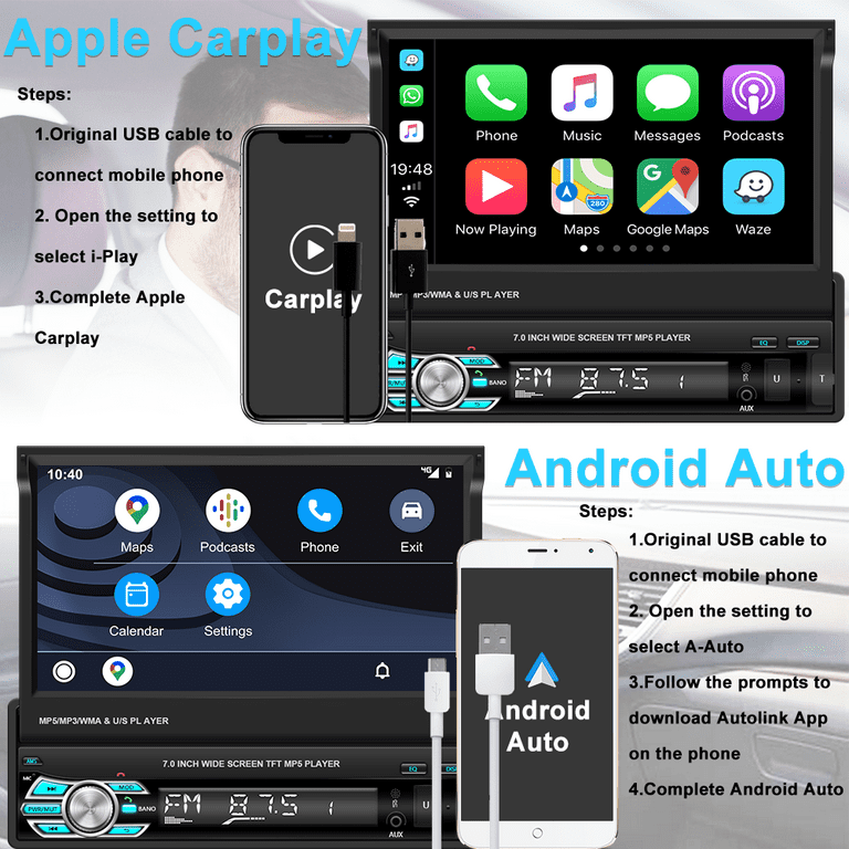 Autoradio Android 1 DIN 10,1 HD GPS SD USB Mirrorlink Carplay Android-Auto