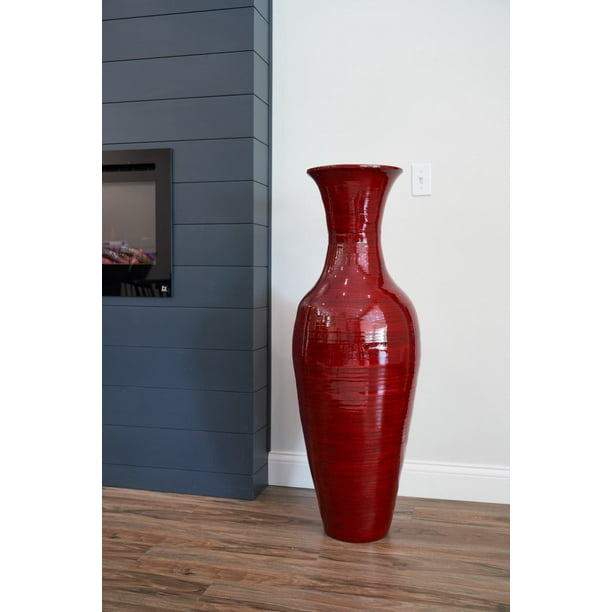 Pack of 1, 36In Tall Classic Natural Handmade Bamboo Floor Vase Red