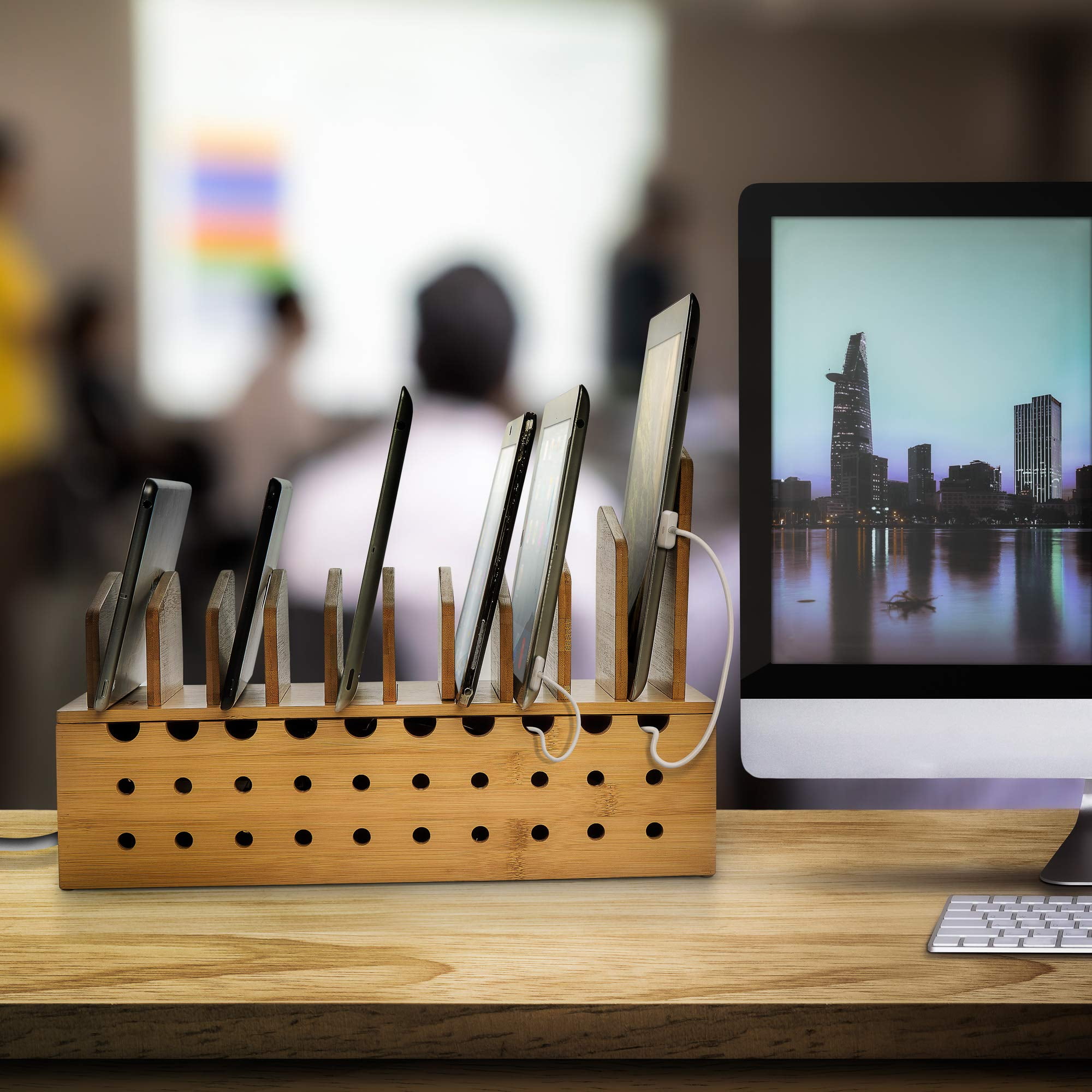 Prosumer's Choice Multiple Charging Station Rack with Cable Box Organizer - Bamboo Desk Organizer for 10 Devices and Cord Management - Compatible with Smartphones and Tablets