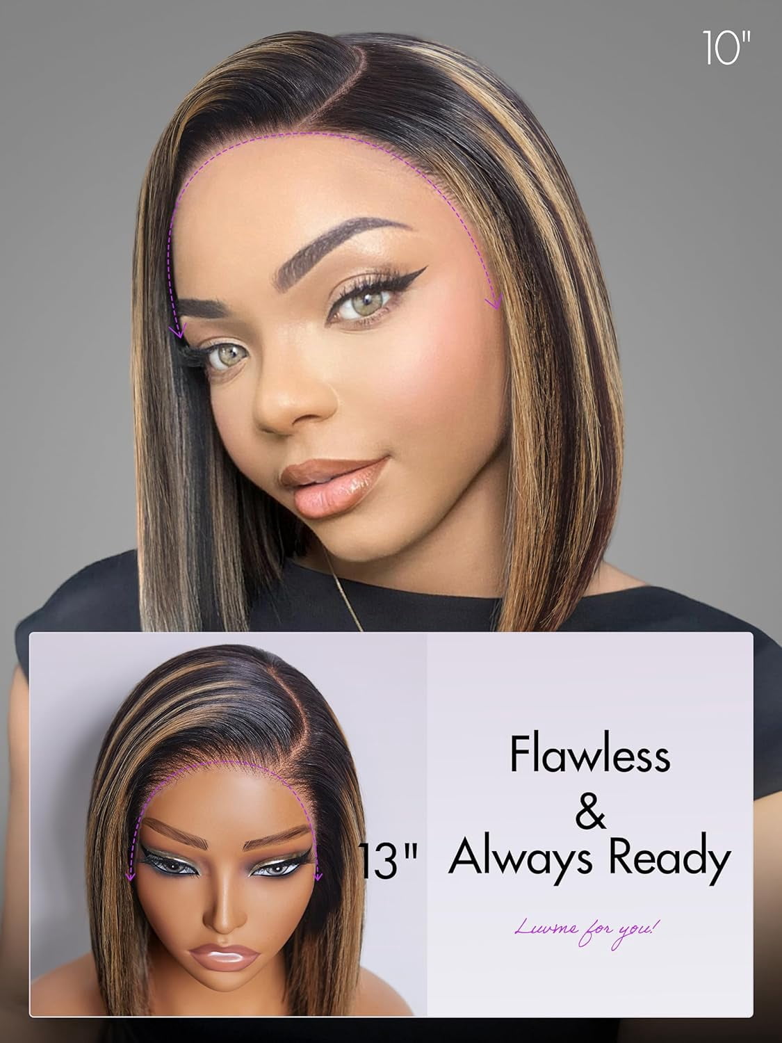 LUVME 12" HAIR Ombre Blonde Highlight Silky Straight Glueless Pre Cut Lace Bob Wig for Women