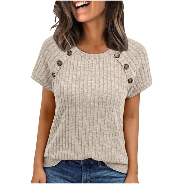 Tops de Mujer, Manga Corta Sólida Cuello Redondo Botón Arriba Blusa Casual de Negocios