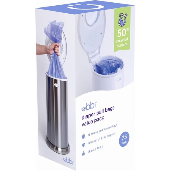 Diaper Pail Plastic Bags, Disposable Baby Waste Bags, 3 Pack, 75 Count, 13-Gallon Bags