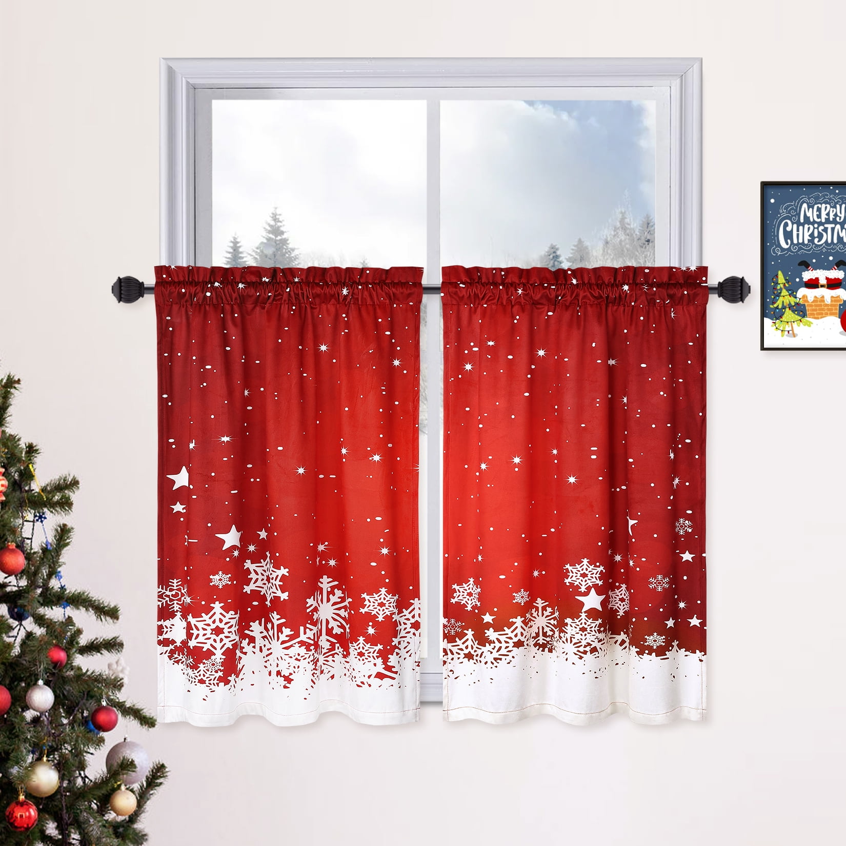 Assile Kitchen Christmas Curtains, 2 Panels Set with Rod Pocket Red
