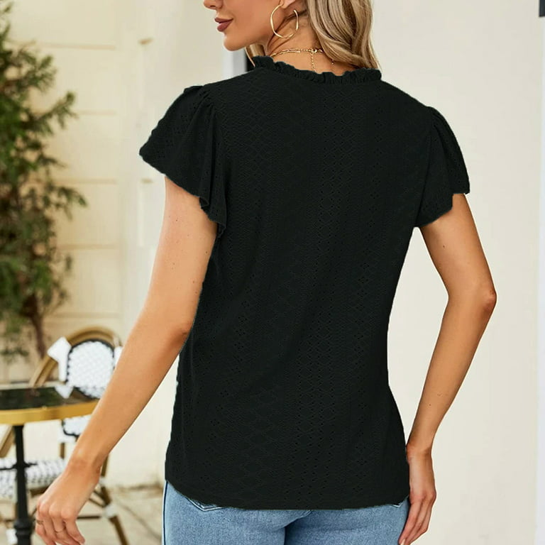 YYDGH Women's Work Shirts Summer Ruffle Short Sleeve Eyelet Blouses V Neck  Dressy Casual Tops Black XL 