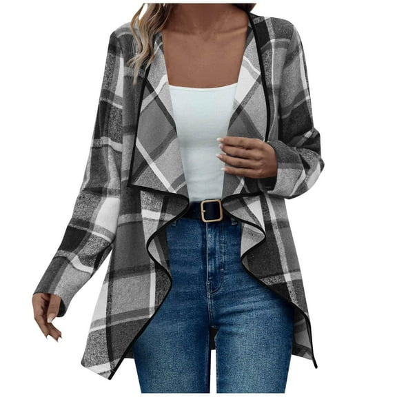 jobturf Shackets for Women High Low Asymmetrical Irregular Hem Flowy Plaid Jacket Fall Winter Lightweight Casual Outerwear Going Out Tops