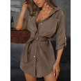 thumbnail image 6 of Women’s Trendy Shirt Roll Up Sleeve Button Down Shirt Dress Summer Curved Hem Business Casual Loose Belted Mini Dresses, 6 of 8