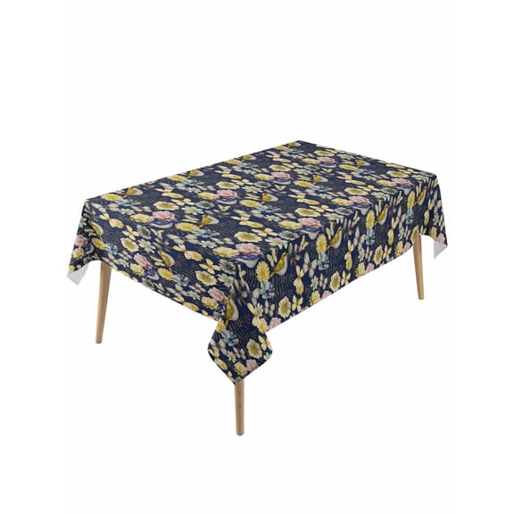 Vintage Flower Rectangle Tablecloth, Yellow Spring Floral Leaf Pastoral Birds Navy Blue Waterproof & StainResistant Tablecloth, Washable Oil-proof Table Cover for Dining/Party/Wedding 54x108 In
