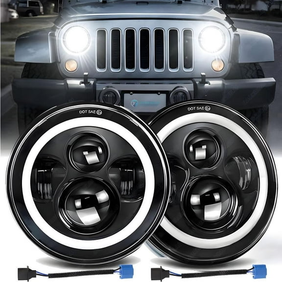 Pair 7" inch LED Halo Headlights Round High/Low DRL for Jeep Wrangler JK LJ TJ CJ H2