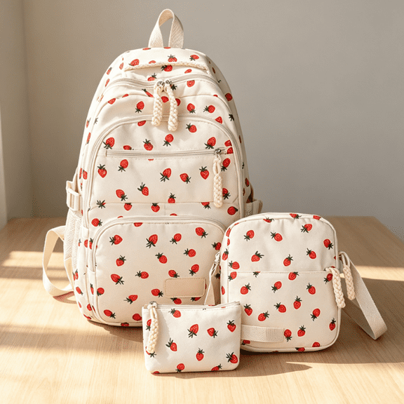 Bisitoy 3 in 1 Strawberry Print Backpack Set, Large Capacity Casual Daypack with Crossbody Bag & CoinPouch, Fashion Laptop Backpack for Students