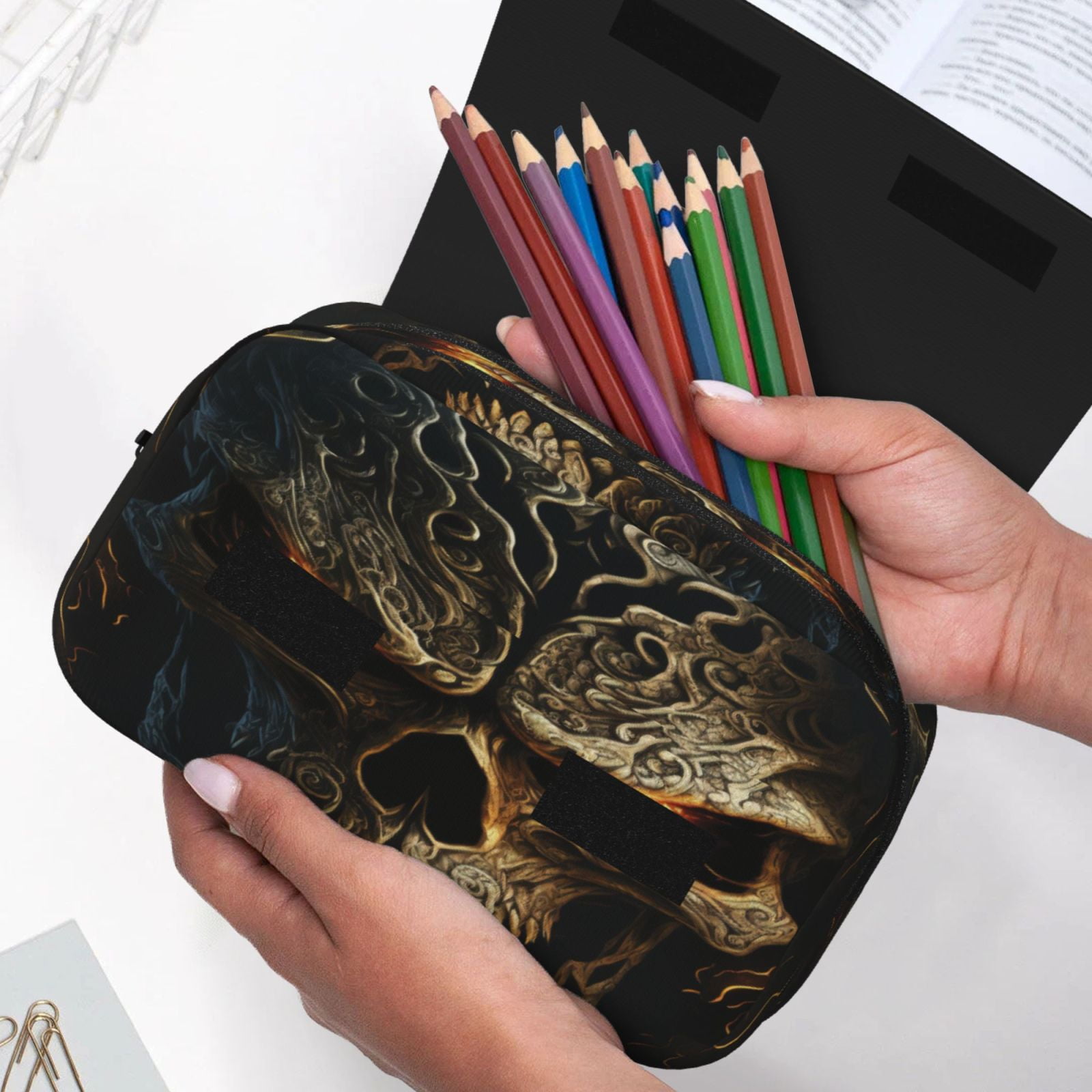 Rateoe Metal Evil Skull Pattern Double Clamshell Pen Case, Storage Organizer with Two Zipper Compartments– Holds Up to 50 Pencils & Pens