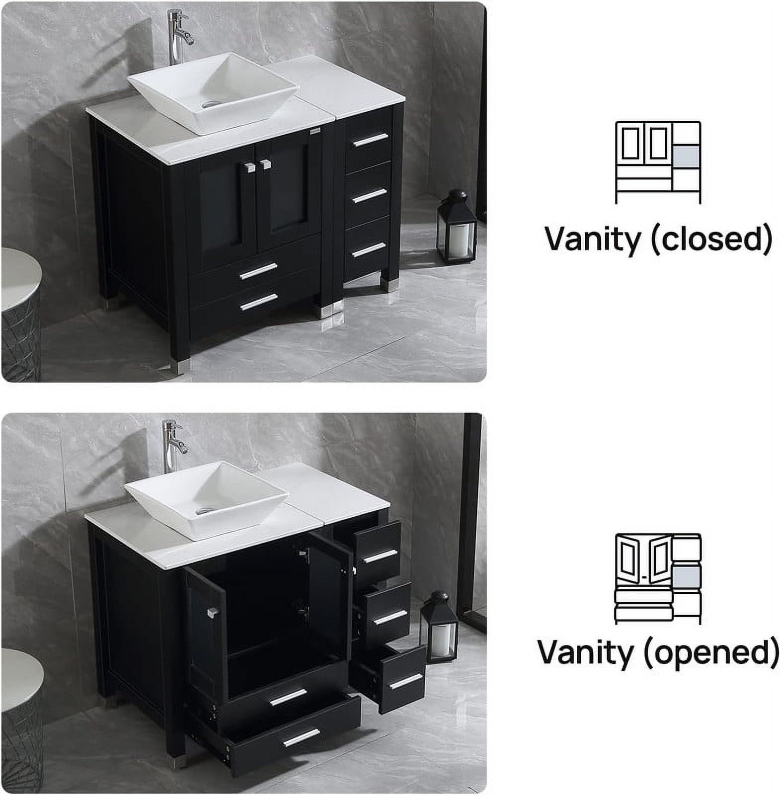 Walsport Bathroom Vanity,36" Stand Pedestal Bathroom Cabinet Top Square Ceramic Vessel Sink Faucet Drain Combo with Mirror Vanities Set,Black